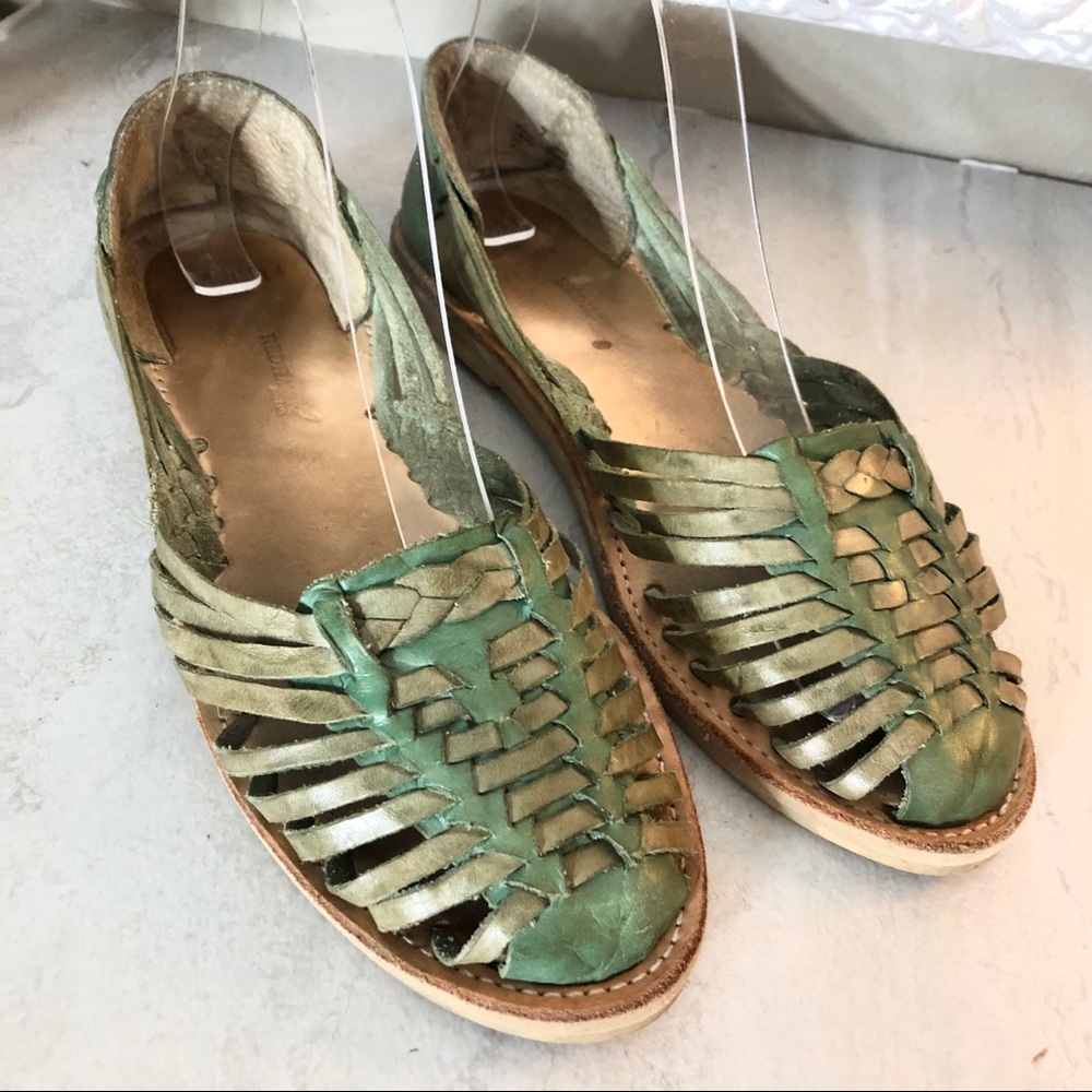 Green leather woven sandals